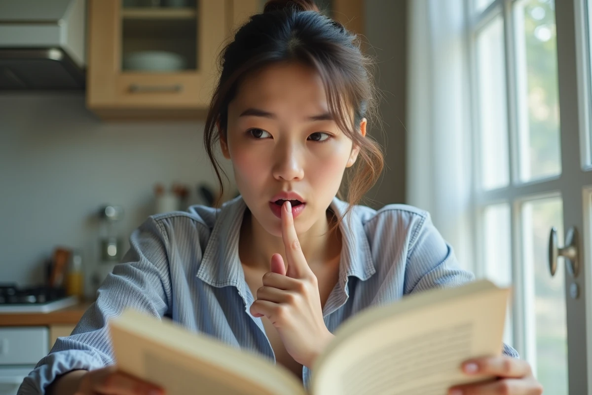 Femme exprimant simultanément surprise et reconnaissance en relisant un livre, illustrant le paradoxe du twist réussi