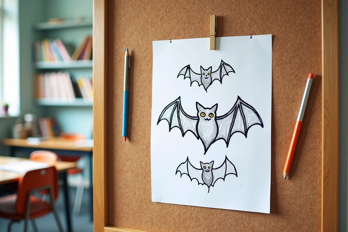 Tableau avec dessin de chauve-souris coloriée dans une classe