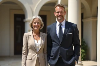 Emmanuel Macron et Brigitte Macron debout côte à côte dans une cour officielle, différence de taille visible entre les deux