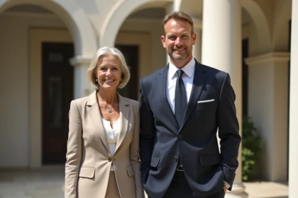 Emmanuel Macron et Brigitte Macron debout côte à côte dans une cour officielle, différence de taille visible entre les deux
