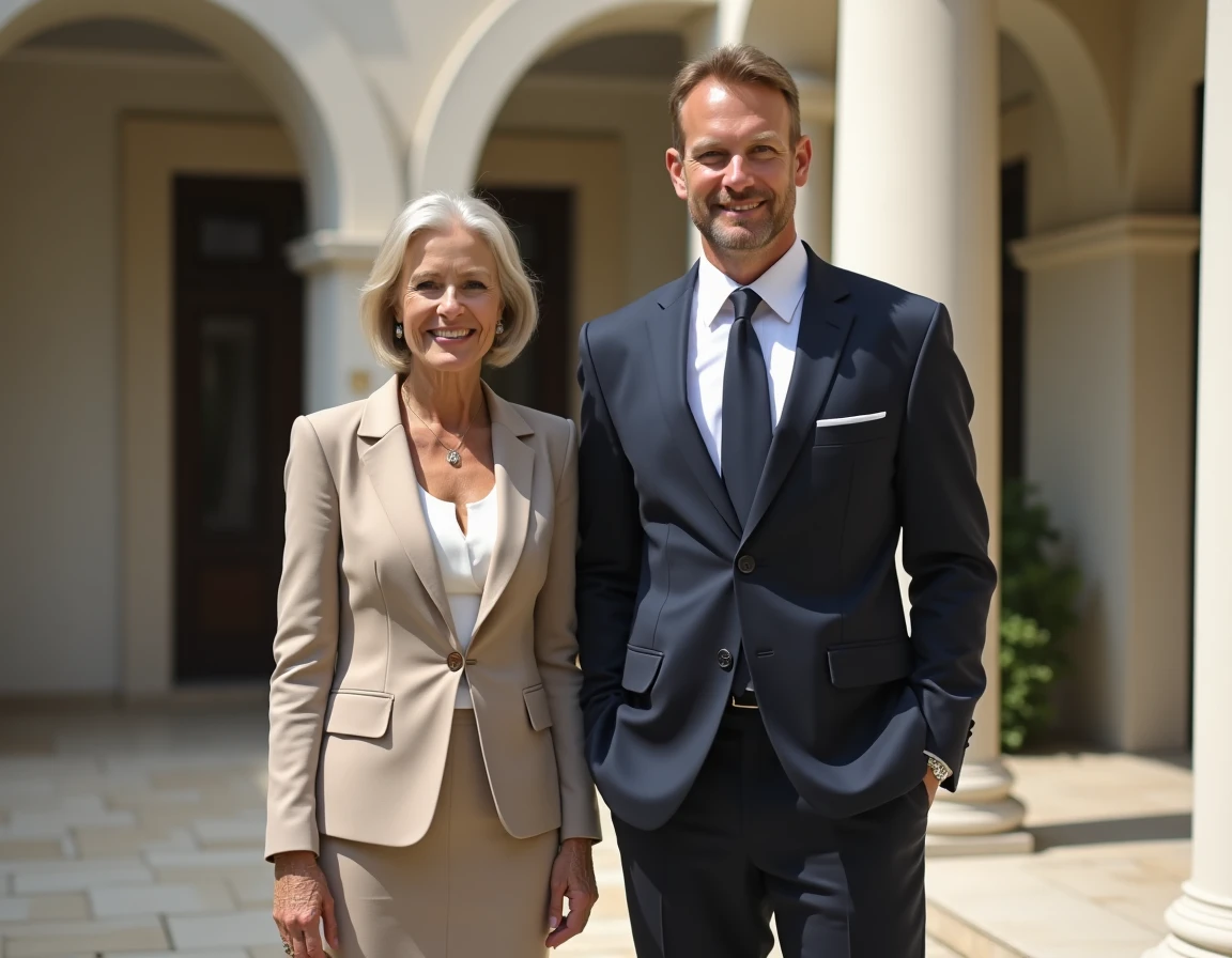 Emmanuel Macron et Brigitte Macron debout côte à côte dans une cour officielle, différence de taille visible entre les deux