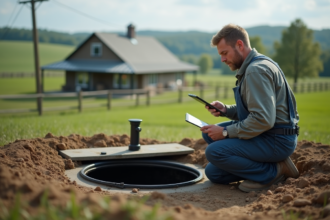 Technicien vérifiant une fosse septique dans un jardin rural