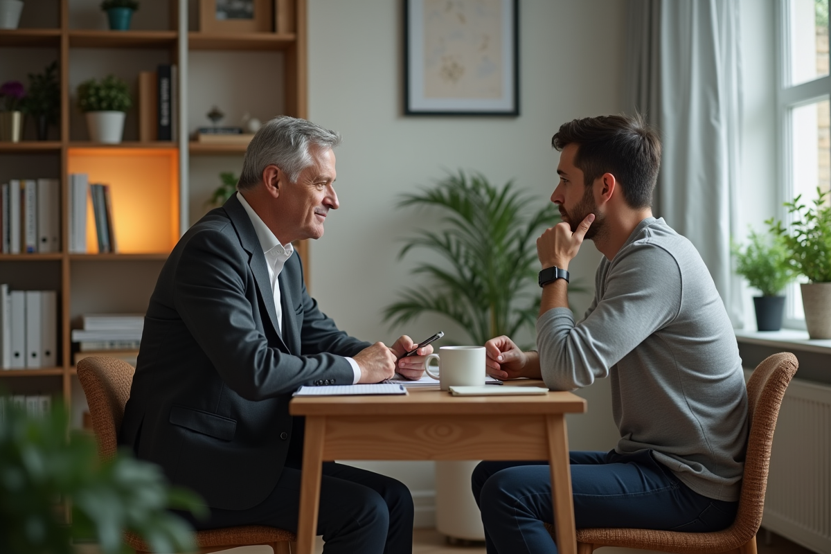 Thérapeute et jeune homme en discussion dans un bureau moderne