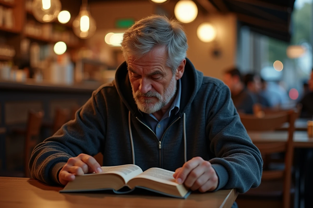 Homme lisant un roman avec tension dans un café au crépuscule, illustrant le timing narratif d'un twist