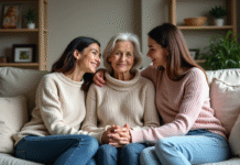 Soin transgénérationnel : définition, bienfaits et pratique en France Trois générations de femmes assises sur un canapé familial