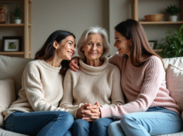 Trois générations de femmes assises sur un canapé familial