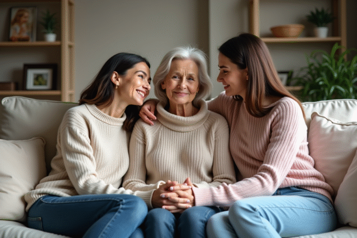 Trois générations de femmes assises sur un canapé familial