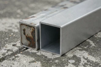 Tube carré aluminium 40x40 en finition brute et anodisée posé sur béton, montrant la résistance à la corrosion pour usage extérieur