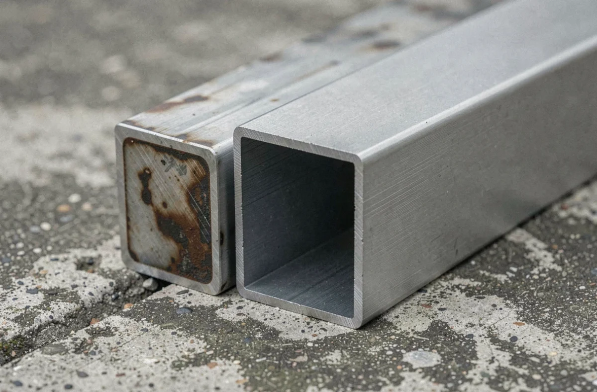 Tube carré aluminium 40x40 en finition brute et anodisée posé sur béton, montrant la résistance à la corrosion pour usage extérieur
