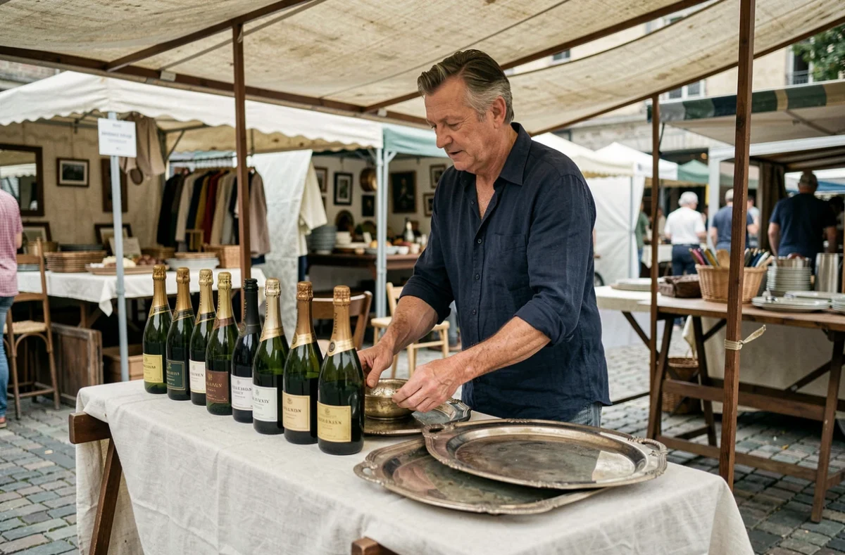 Vendeur de brocante arrangeant des bouteilles de champagne vintage et plateaux anciens sur un étal de marché en plein air