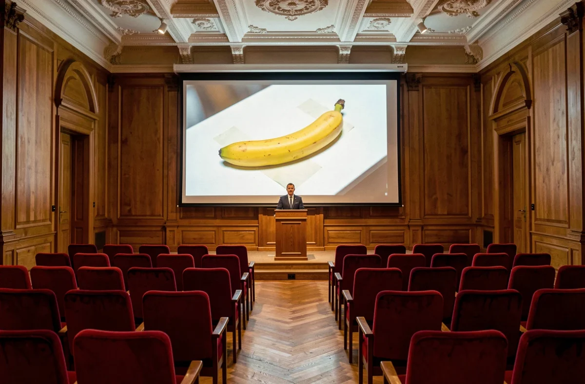 Salle de vente aux enchères d'une maison de prestige avec projection d'une image de la banane scotchée de Maurizio Cattelan