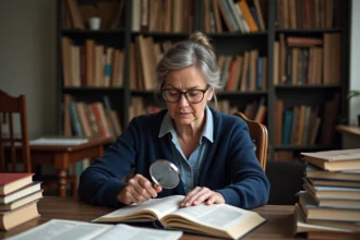 Femme examinant un numéro ISBN sur un livre avec une loupe dans un bureau rempli de livres