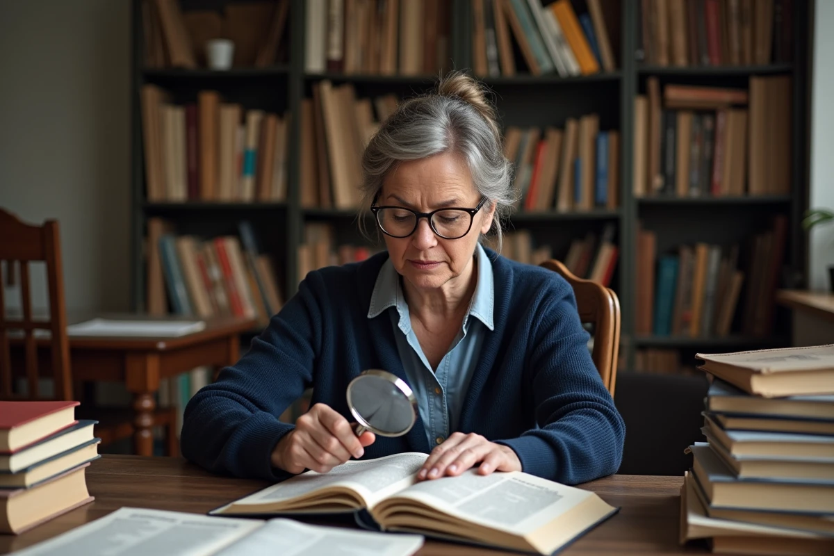 Femme examinant un numéro ISBN sur un livre avec une loupe dans un bureau rempli de livres