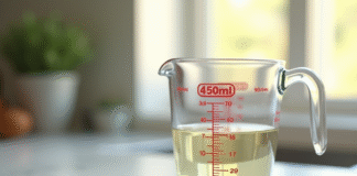 Verre mesureur rempli à 450 ml sur plan de travail lumineux