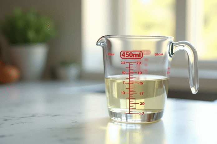 Verre mesureur rempli à 450 ml sur plan de travail lumineux