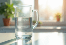 Verre mesureur d'eau sur plan de cuisine lumineux