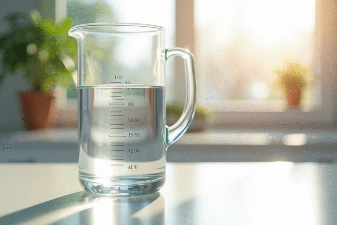 Verre mesureur d'eau sur plan de cuisine lumineux