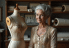 Dame âgée en haute couture dans un atelier parisien