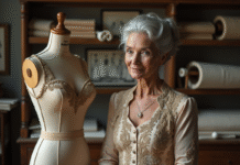 Dame âgée en haute couture dans un atelier parisien