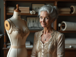 Dame âgée en haute couture dans un atelier parisien