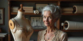 Dame âgée en haute couture dans un atelier parisien