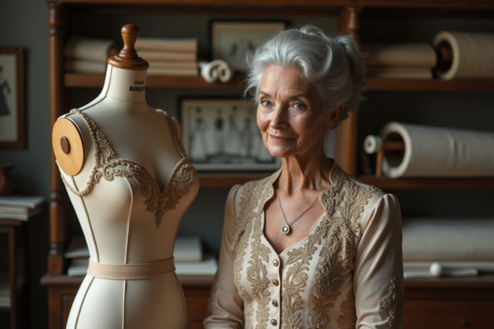 Dame âgée en haute couture dans un atelier parisien