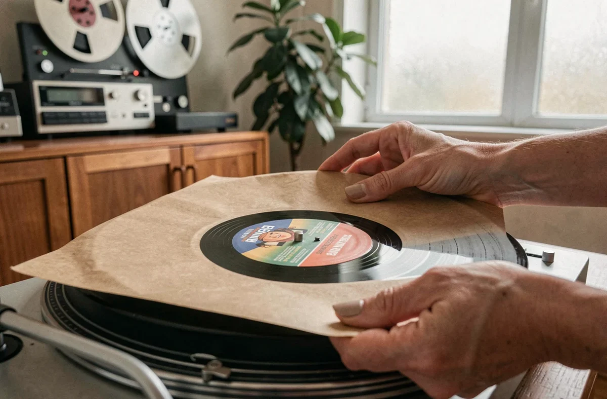 Mains posant un vinyle 45 tours de 17 cm sur une platine dans un salon audiophile chaleureux