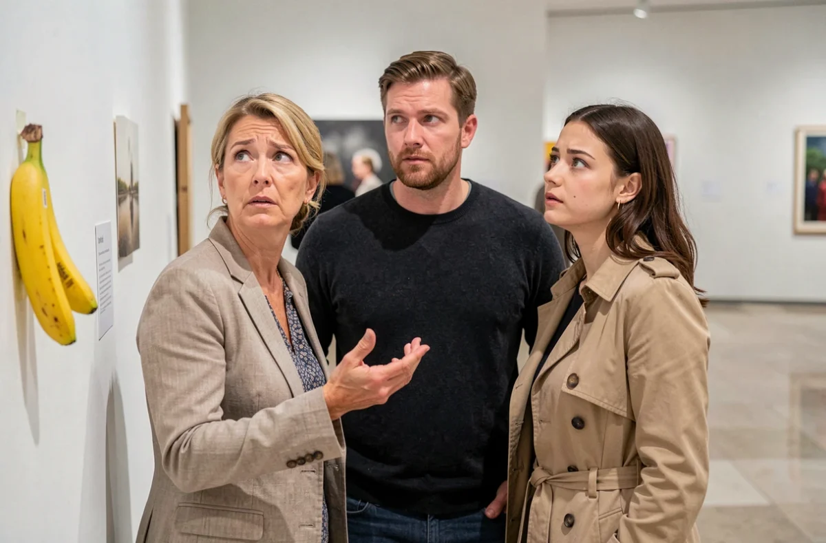 Des visiteurs de musée observant avec curiosité une œuvre d'art conceptuel lors d'une exposition d'art contemporain